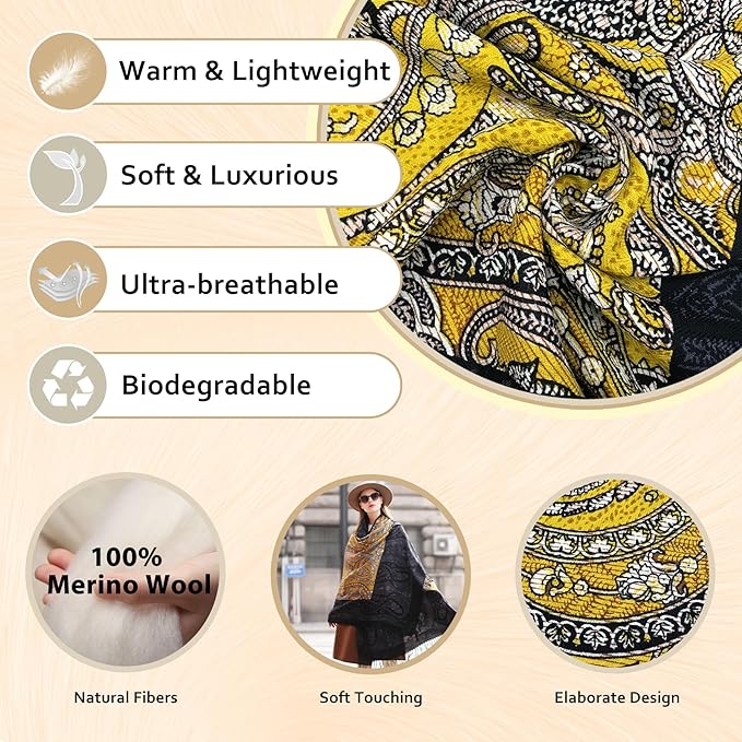 DANA XU 100% Merino Wool Extra Large Pashmina Blanket Travel Scarf Cashmere Wrap for Women Fall Winter Oversize Shawl Floral