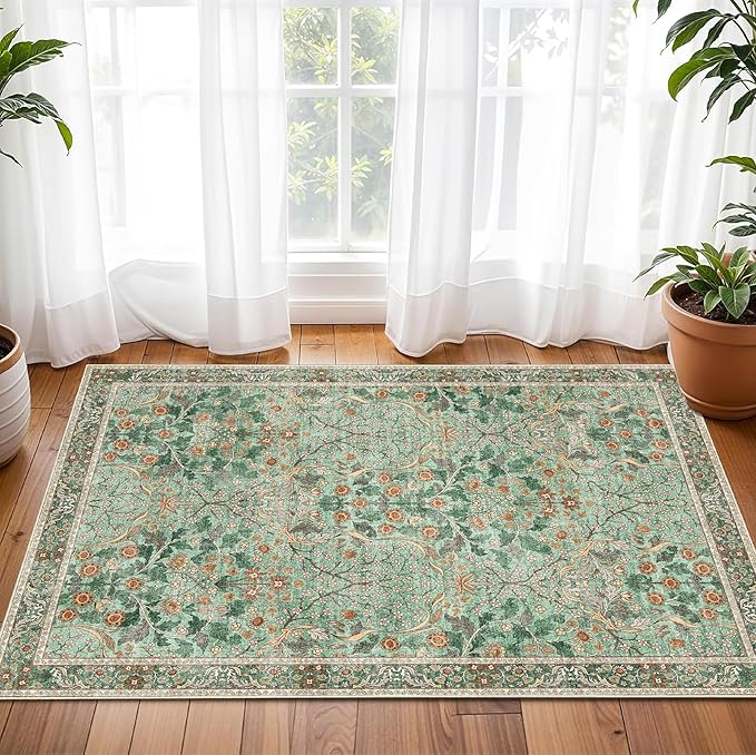 MUJOO 2x3 Washable Rug,Green Floral Small Area Rugs for Bathroom Entryway Entry Bedroom Bedside,Boho Front Door Mat Indoor Entrance Throw Carpet Botanical Vintage Non Slip Ultra-Thin