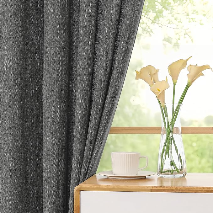 Simplebrand Grey Semi Sheer Faux Linen Textured Curtains 54 Inch Length 2 Panels Set, Rod Pocket Farmhouse Short Curtain Drapes for Dinning Small Windows Bathroom Bedroom, Each 40Wx54L in, Grey