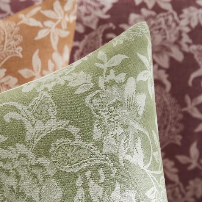 Floral Jacquard Throw Pillow Covers Set of 2, Background/Green 18x18 Inch, Farmhouse Decorative Cotton Sage Green Cushion Covers for Sofa Bed Living Room Home Decor