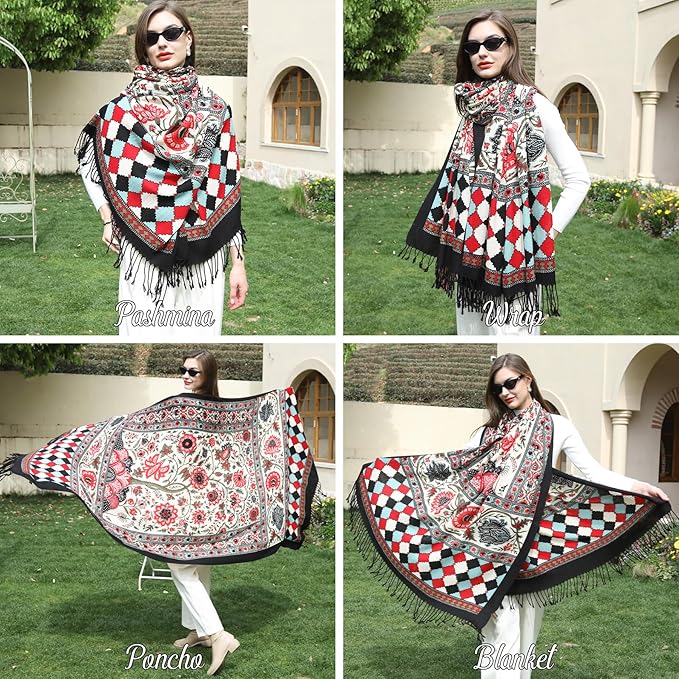 DANA XU 100% Merino Wool Pashmina Shawl for Women 96"x43", Oversized Cashmere Wrap with Tassels, Floral Travel Blanket Cape