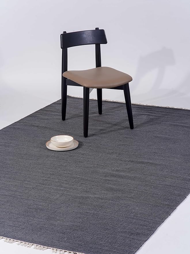 Rugsotic Carpets Hand Woven Flat Weave Kilim Wool ECO-Friendly Area Rugs - 9'x12', Rectangle Shape, Charcoal Color, Solid Plain Design, Low Pile Handmade Rugs for Living Room, Bed Room (D00111)