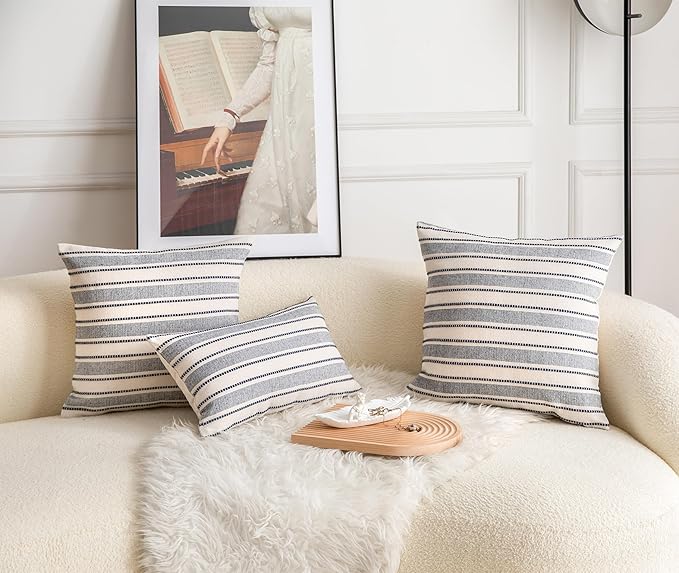 Decorative Boho Throw Pillow Covers, Farmhouse Textured Pillow Case, 20 x 20 Inch Set of 2, Chair Sofa Bedroom Living Room Decor Couch Cushion Case, Navy Blue and Beige Striped
