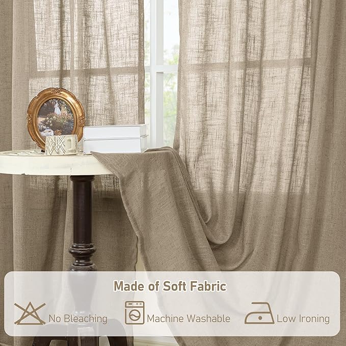 LAMIT Linen Curtains for Living Room 84 inch Length 2 Panels, Light Filtering Semi Sheer Curtains Back Tab and Rod Pocket Farmhouse Drapes for Bedroom/Sliding Glass Door, Taupe, 52 x 84 Inch