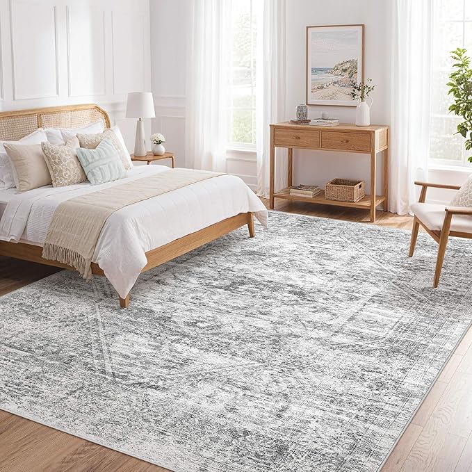 Vintage Living Room Area Rug 8x10 - Large Soft Washable Oriental Traditional Distressed Farmhouse Rugs for Bedroom - Indoor Floor Accent Carpet for Home Office House Decor - Distressed Grey