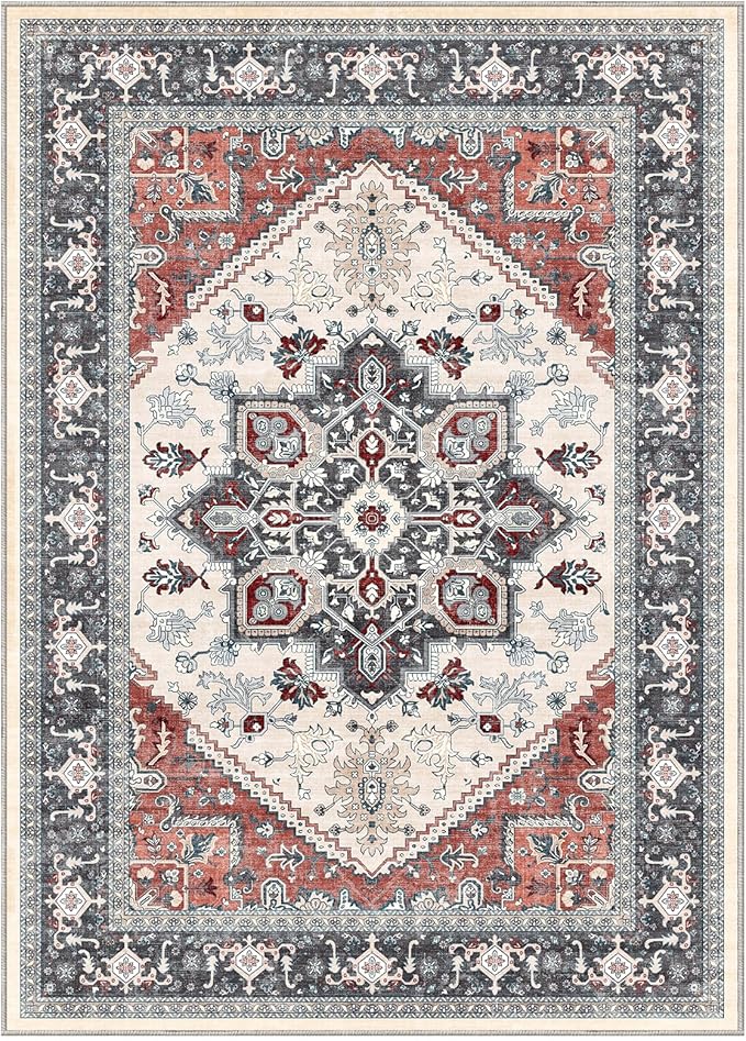 OPPODREAM Thin 8x10 Area Rugs, Washable Rugs 8x10 with Non Slip Backing, Faux Cashmere Low-Pile 8 x 10 Carpet, Black & Red