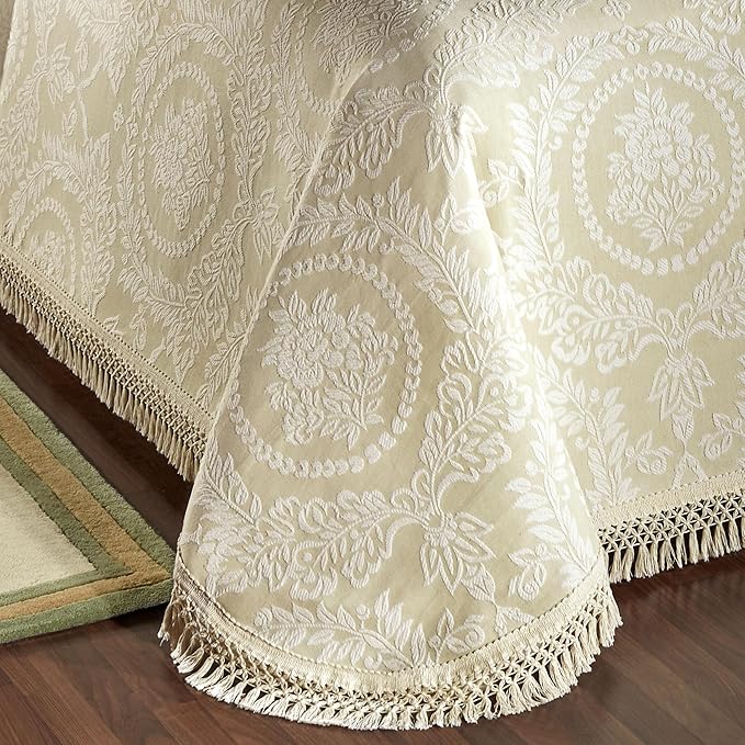 Timeless Vintage Style Bedding with Fringe Edges | Neutral Sage and Ecru | Textured Matelasse Rose Medallions and Leaves | 5-Pc Lightweight Bed Set: Oversized Full Bedspread & 4 Standard Pillow Shams
