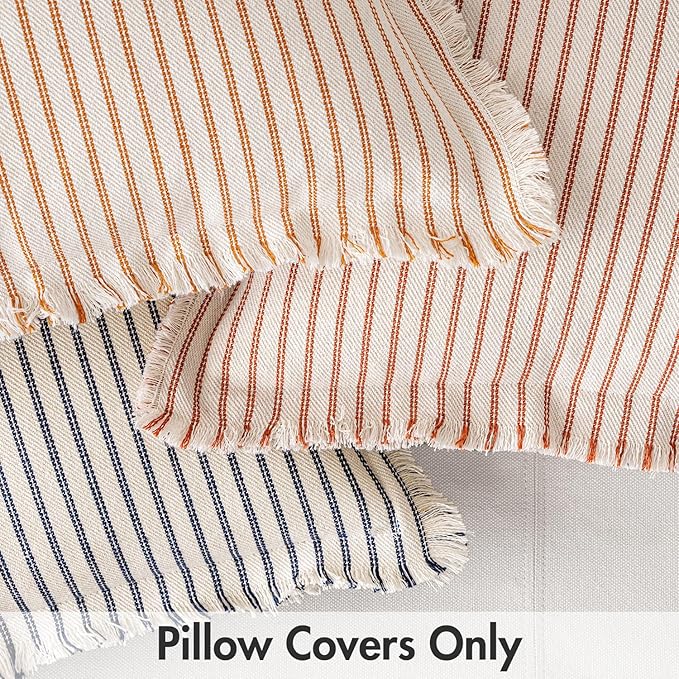 MIULEE Pack of 2 Rust Pillow Covers 22x22 Inch Striped Farmhouse Couch Throw Pillow Covers with Fringe Chic Linen Decorative Cushion Covers for Sofa Living Room Bed Outdoor Home Decor
