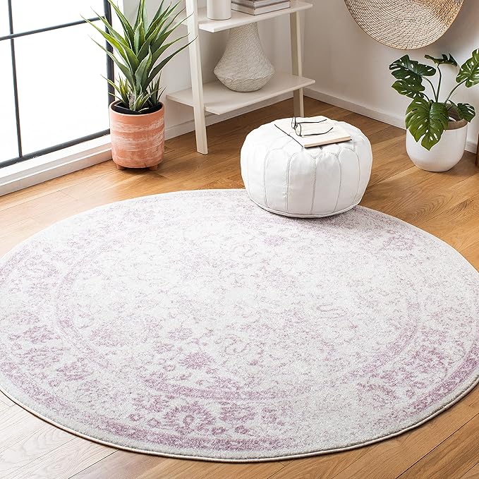 SAFAVIEH Adirondack Collection Area Rug - 4' Round, Ivory & Lavender, Distressed Vintage Floral Design, Non-Shedding & Easy to Clean, Ideal for Living Room, Bedroom, Dining Space (ADR109U)