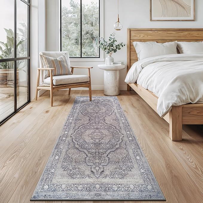 Bloom Rugs Washable Non-Slip 12 ft Runner - Blue/Steel Gray/Beige Traditional Medallion Runner for Entryway, Hallway, Bathroom, and Kitchen - Exact Size: 2.5' x 12'