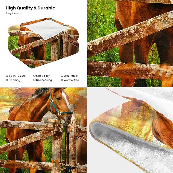 3D Horse Throw Blanket for Couch, Super Soft Fuzzy Throws Warm Comfortable Plush Fleece Blanket, Fashion Decorative Flannel Fleece Blanket for All Season(50 x 60 in, Horse & Pasture)