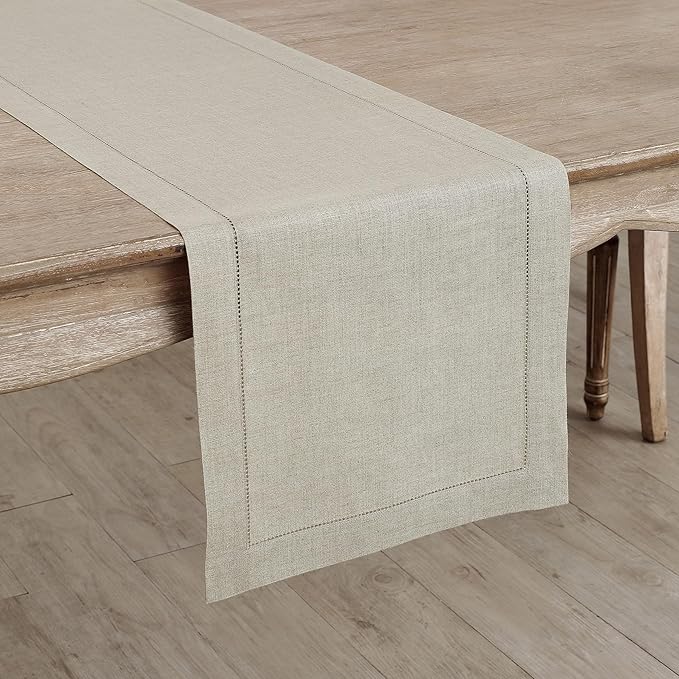 Solino Home Linen Natural Table Runner 60 Inches - Classic Hemstitch, 100% Pure Linen Coffee Table Runner 14 x 60 Inch Ideal for Dresser Tables - Christmas, New Year