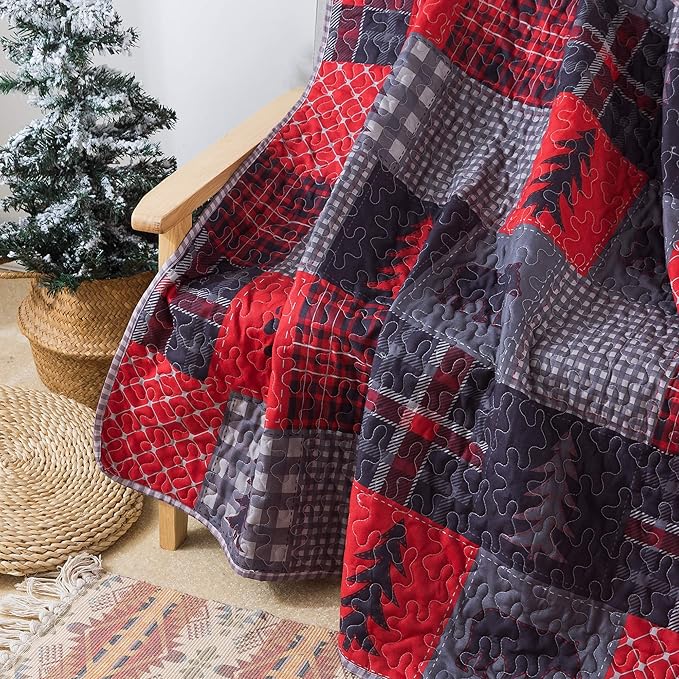 Soul & Lane Cabin Charm 50"x60" Quilted Throw: Plaid Quilted Blanket, Outdoor Nature Themed Patchwork Coverlet, Christmas Quilt for Couch, Comforter Lap Quilt, Lightweight Red and Black Lap Cover