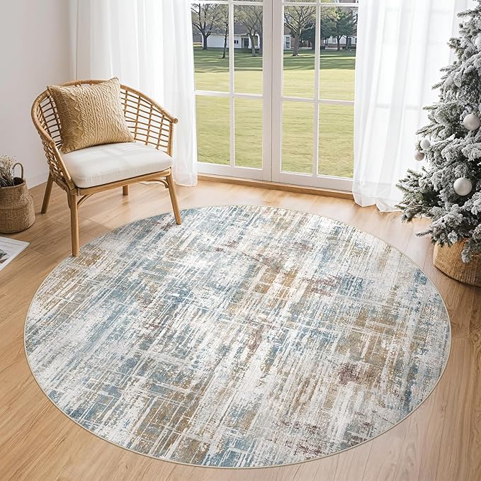 5ft Round Area Rug for Living Room: 5x5 Washable Neutral Abstract Modern Soft Rugs Non Slip Indoor Floor Stain Resistant Carpet for Bedroom Dining Room Office Nursery - Blue Brown