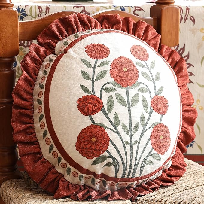 Round Throw Pillow Covers,Red Cozy Velvet with Leaves and Floral Pattern Pillowcases,Decoration Pillows Cushion Covers for Living Room Couch Sofa Bed Car Chair,Diameter 16"