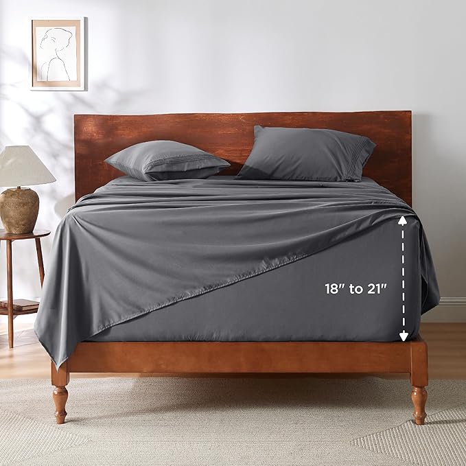 Bedsure Deep Pocket King Sheet Set - Fits Mattresses Up to 21 Inches Thick - 4 Piece GentleSoft Bed Sheets, Moisture Wicking, Soft & Cooling Bedsheet & Pillowcases, Easy & Secure Fit, Dark Grey