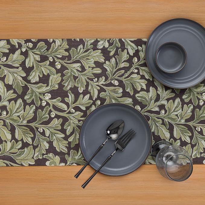 Solino Home 100% Pure Linen Table Runner 108 Inches Long - Floral Print Green and Brown Table Runner 14 x 108 Inch - Handcrafted and Machine Washable - Fallen Leaves Print