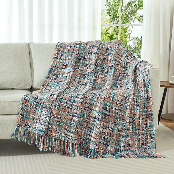 Multi-Color Pink Cable Knitted Throw Blanket for Couch,50"X60" Boho Style Textured Blankets for Home Decor,Super Soft Warm Cozy Chunky Knit Blanket with Decorative Tassels for Bed and Sofa