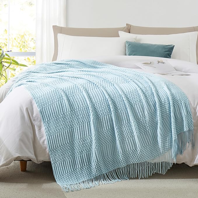 Light Blue Knitted Decorative Ball Throw Blankets for Couch, Bedroom and Officeroom,Textured Fade Resistant Soft and Warm Knit Blanket with Tassel,50"x60"