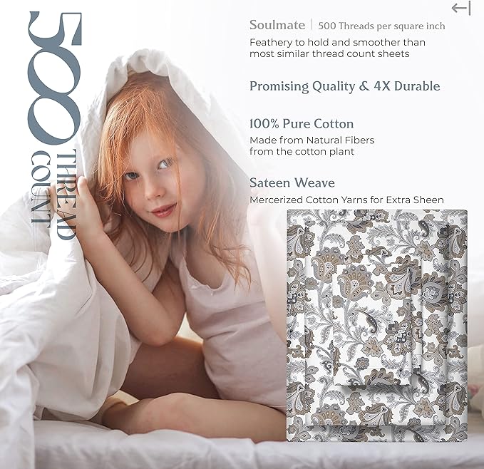 Mayfair Linen 100% Cotton Printed Bed Sheets Twin XL Set - 500 Thread Count Cotton Twin XL Sheets Only, 3 PC Set (Floral Ivory), Soft, Cooling, Sateen Weave 16" Deep Pocket Dorm Room Bedsheet