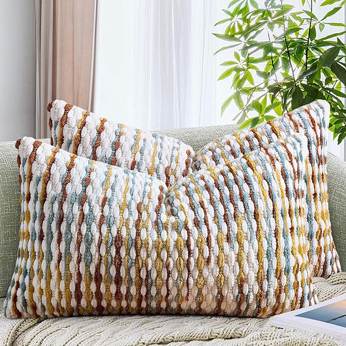 AmHoo Set of 2 Boho Chenille Pillow Cover Decorative Tufted Pillowcase for Couch Bed Sofa Bedroom Living Room Modern 12 x 20-Inch Brown