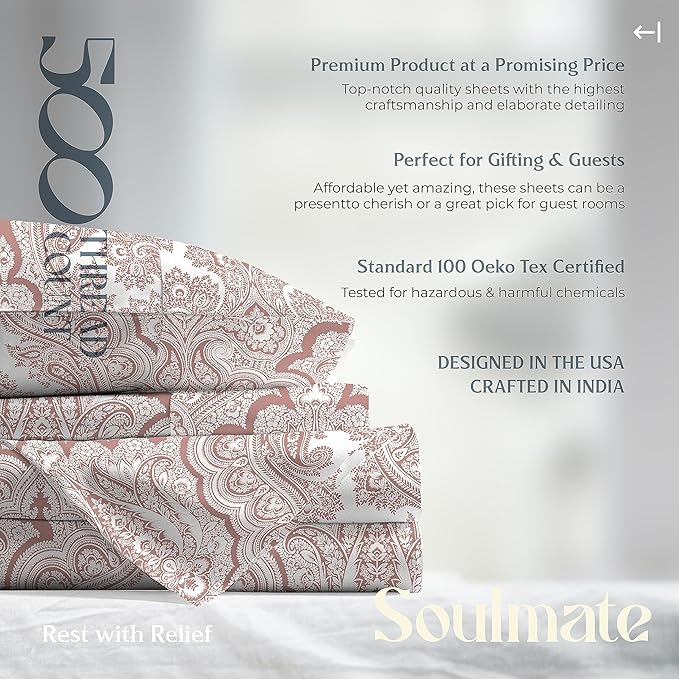 Mayfair Linen 100% Cotton Printed California King Cotton Sheets - 4 PC Cal King Size Bed Sheet Set Cotton (Paisley Print), Soft, Cooling, Sateen Weave 16" Deep Pocket Bedsheet (Fits 18" Mattress)
