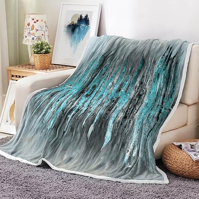 Abstract Throw Blankets, Modern Teal Gold CrackNon Cozy Warm Bed Couch Blanket, Stripe Contemporary Abstract Painting White Fleece Flannel Throws to Decorate The Room and Bedroom
