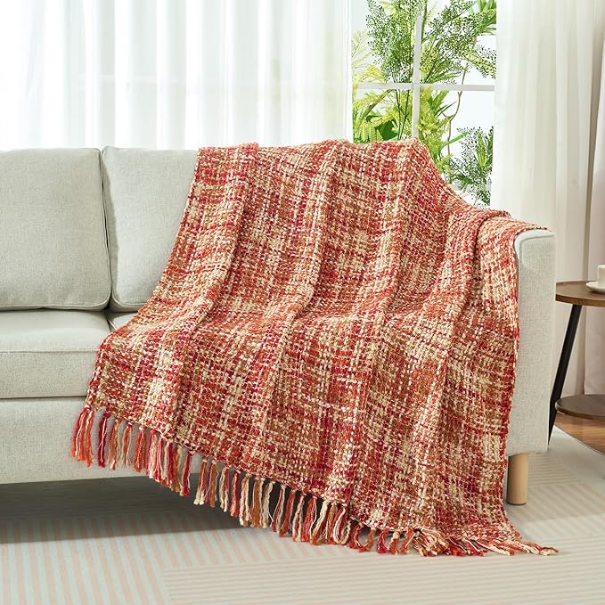 Multi-Color Dark Red Cable Knitted Throw Blanket for Couch,50"X60" Boho Style Textured Blankets for Home Decor,Super Soft Warm Cozy Chunky Knit Blanket with Decorative Tassels for Bed