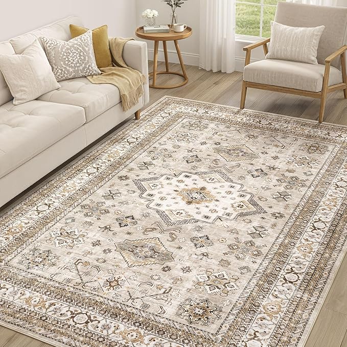 Vintage Living Room Area Rug 5x8 - Large Soft Washable Oriental Traditional Distressed Farmhouse Rugs for Bedroom - Indoor Floor Accent Carpet for Home Office House Decor - Beige