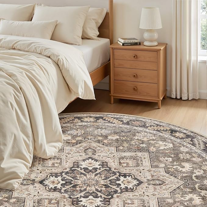 6ft Round Vintage Living Room Area Rug - 6x6 Large Soft Washable Oriental Traditional Distressed Farmhouse Rugs for Bedroom - Indoor Floor Accent Carpet for Home Office House Decor - Brown