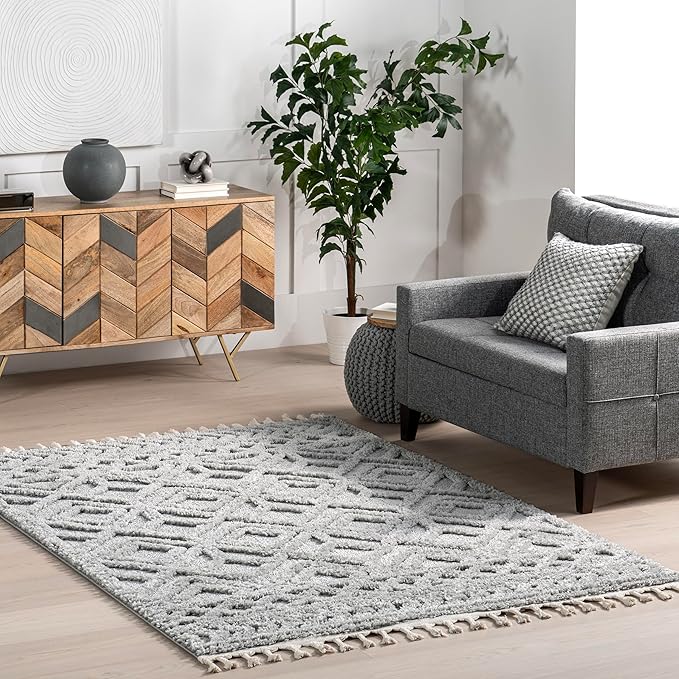 nuLOOM Akia Light Grey, 3' x 5', Geometric Lattice, Tasseled, Soft and Textured, High Traffic, Stain Resistant, Durable Area Rug for Bedroom, Living Room, Dining Space, Den, Foyer, Entryway