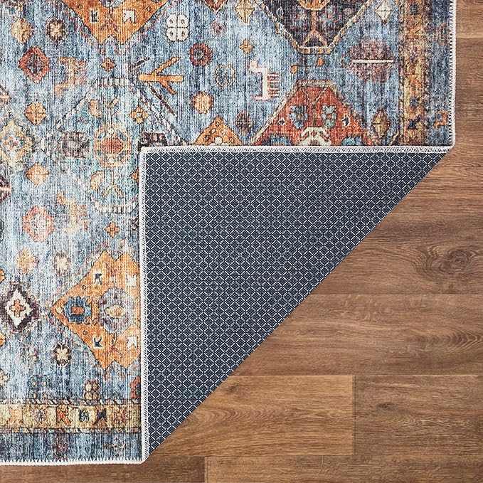 Bloom Rugs Washable Non-Slip 8' x 10' Rug - Blue/Orange Traditional Bordered Area Rug for Living Room, Bedroom, Dining Room, and Kitchen - Exact Size: 8' x 10'
