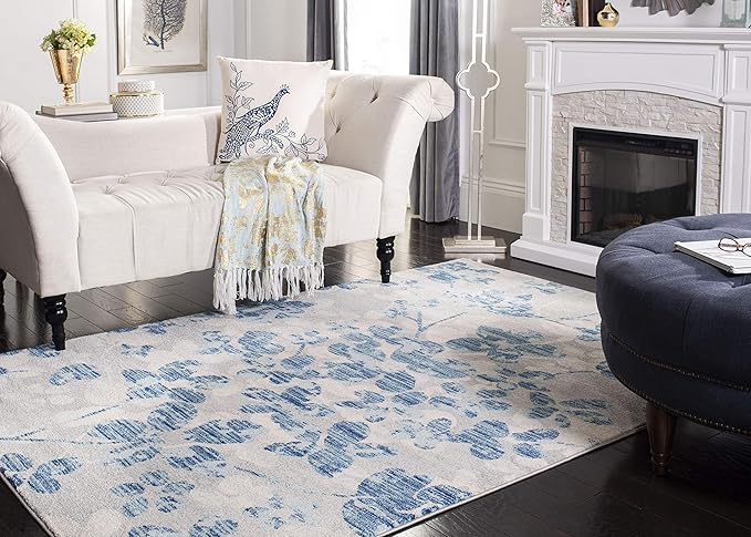 SAFAVIEH Evoke Collection Area Rug - 6'7" Square, Grey & Light Blue, Floral Design, Non-Shedding & Easy Care, Ideal for High Traffic Areas in Living Room, Bedroom (EVK236J)