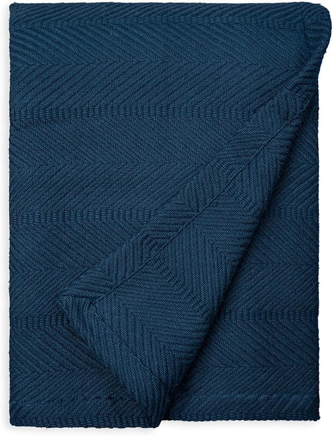 Sticky Toffee Cotton Throw Blanket 60x50 in – Soft Lightweight Woven Blue Blanket for Couch or Bed, Herringbone Weave, Boho Farmhouse Style
