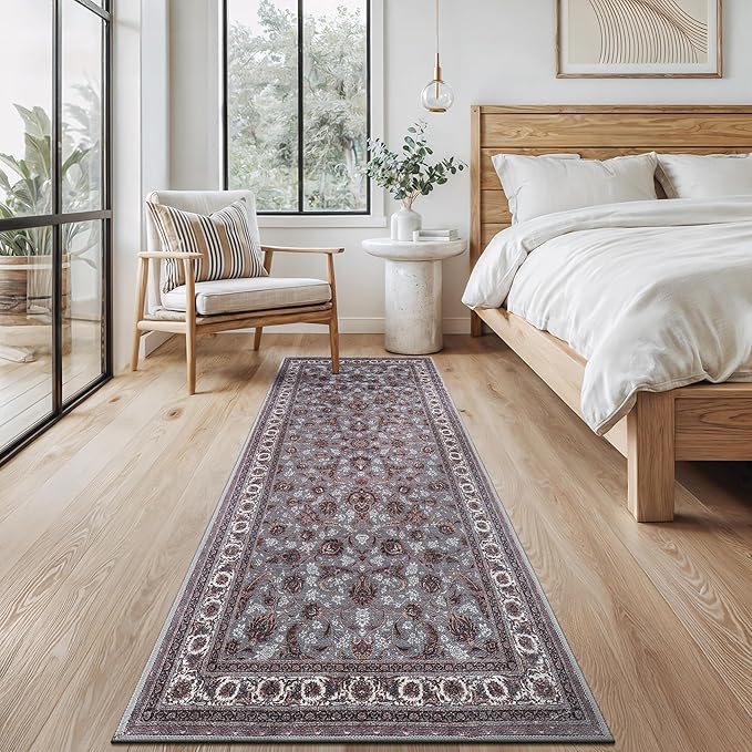 Bloom Rugs Washable Non-Slip 12 ft Runner - Slate Gray Traditional Oriental Runner for Entryway, Hallway, Bathroom, and Kitchen - Exact Size: 2.5' x 12'
