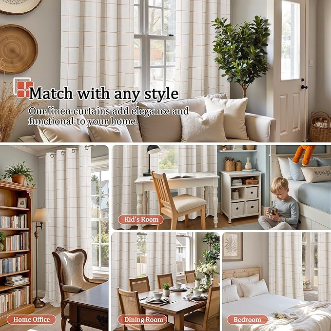 Plaid Curtains Pattern Printed 90 Inches Long - Total Linen Blackout Curtains for Living Room, Boho Grommet Drapes for Farmhouse Thermal Drapery 52x90 Inch 2 Panels, Terracotta