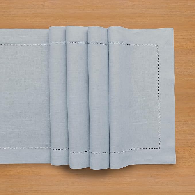 Solino Home Linen Dusty Blue Table Runner 72 Inches Long - 100% Pure Linen Hemstitch Table Runner 14 x 72 Inch for Dresser, Dining - Classic Hemstitch