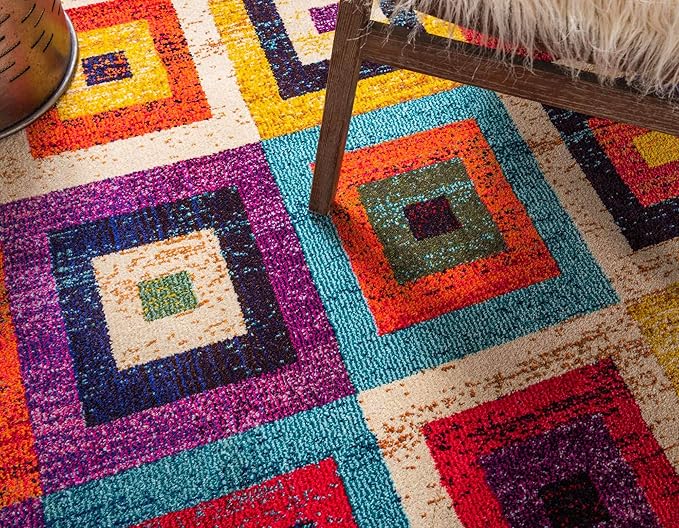 Unique Loom Estrella Collection Colorful, Geometric, Squares Modern, Abstract Area Rug (10' 6 x 16' 5 Rectangular, Multi/Beige)