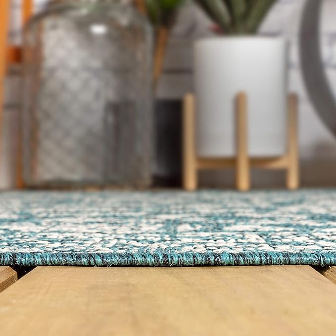 JONATHAN Y Weave Floral Indoor Outdoor Runner Rug 2X10 Teal/Gray, Tela Bohemian Textured for Backyard, Patio, Porch, Easy-Cleaning, High Traffic, Pet-Friendly, Non-Shedding (SMB100C-210)