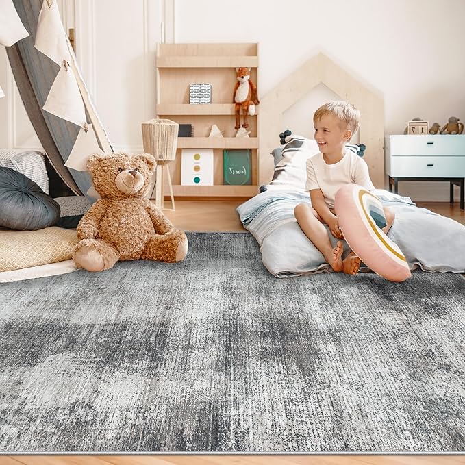 5x7 Area Rugs for Living Room: Washable Rug Modern Abstract Neutral Soft Rugs Non-Slip Low-Pile Indoor Floor Carpet for Bedroom Dining Room Nursery (Grey, 5'x7')