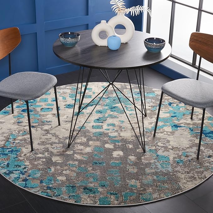 SAFAVIEH Monaco Collection Area Rug - 6'7" Round, Grey & Light Blue, Boho Chic Abstract Watercolor Design, Non-Shedding & Easy Care, Ideal for High Traffic Areas in Living Room, Bedroom (MNC225E)