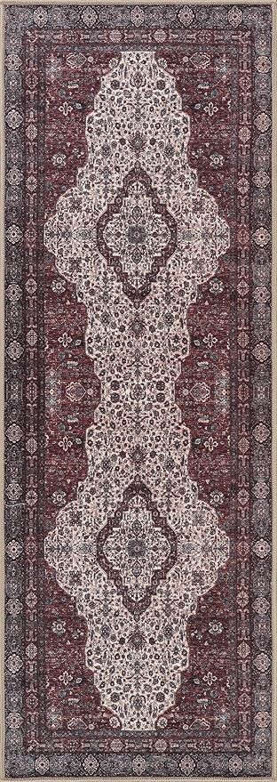 Bloom Rugs Washable Non-Slip 10 ft Runner - Red/Green/Cream Traditional Medallion Runner for Entryway, Hallway, Bathroom, and Kitchen - Exact Size: 2.5' x 10'