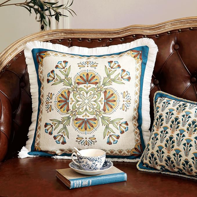 patdrea Designer Square Throw Pillow Covers,French Vintage Blue Farmhouse Linen Floral Pattern Pillow Cover,Decorative Pillowcases Cushion for Bed Living Room Outdoor Car,18"x18"