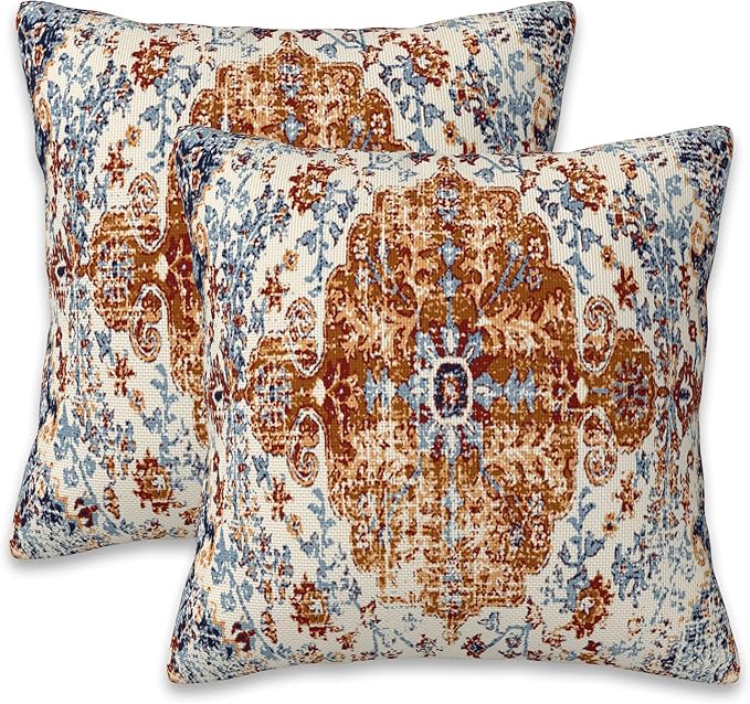 Ethnic Boho Throw Pillow Covers Set of 2 Rug Boho Style Ethnic Design Pillow Covers 18x18 Inch Modern Farmhouse Home Decorative Pillow Cases Cushion Cover for Sofa Living Room Office