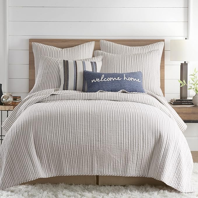 Levtex Home Tobago Stripe Taupe Reversible Full/Queen Quilt Set (88x92in) and 2 Pillow Shams (26x20in) - Striped - Taupe, White - Cotton Full/Queen Size Quilt Bedding Set - Lightweight Soft Pre-Washed
