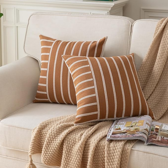Caflife Boho Throw Pillow Covers 20x20 Set of 2 Soft Farmhouse Decorative Couch Pillow Cases Brown Striped Pillow Covers Neutral Cushion Covers for Sofa Bed Living Room Home Decor