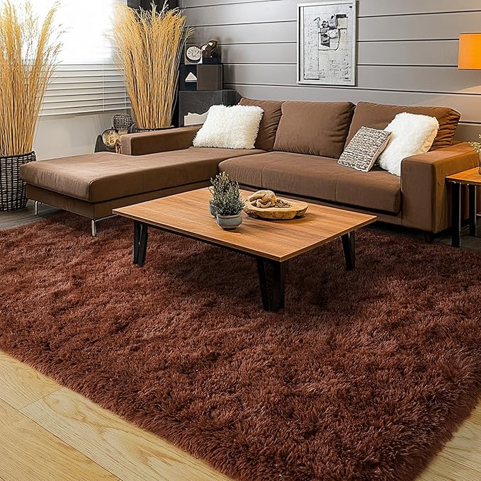 Brown Plush Rug for Living Room Fuzzy Carpet for Bedroom Dorm, Non-Slip High Pile Rug, Shag Rug for Playroom Nursery Home Office Decor 9X12 Ft