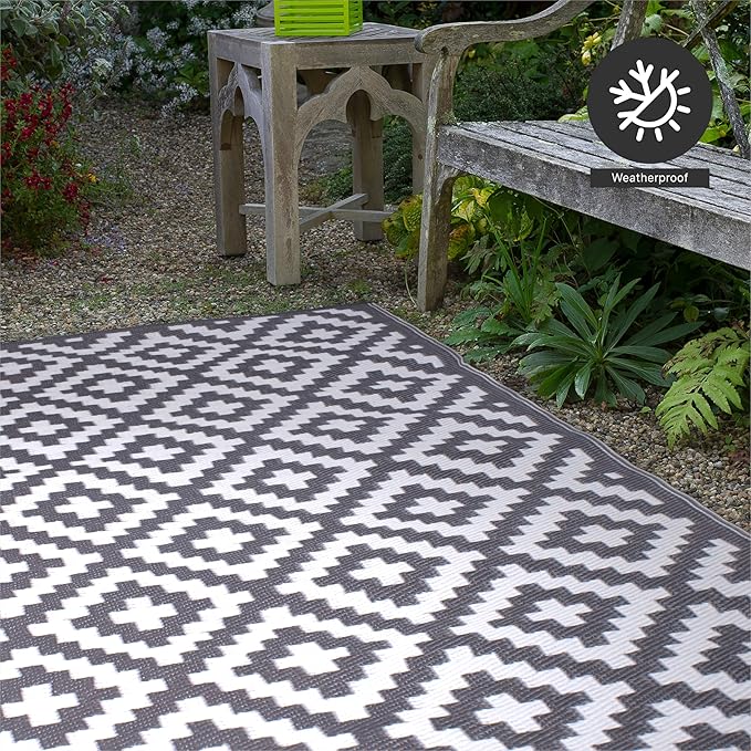 FH Home Outdoor Rug - Waterproof, Fade Resistant, Reversible - Premium Recycled Plastic - Geometric - Large Patio, Deck, Sunroom, Camping, RV - Aztec - Gray & White Crease Free - 6 x 9 ft
