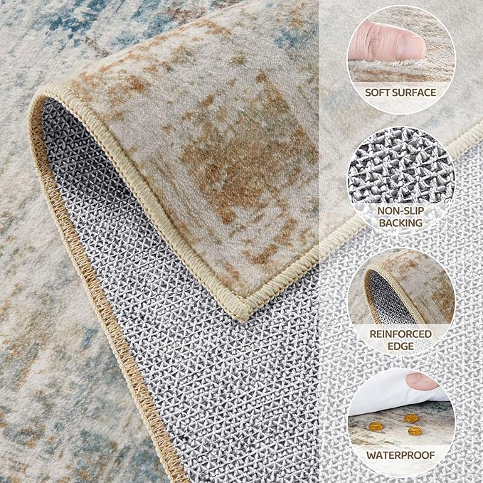 Area Rug for Living Room: 10x12 Washable Neutral Abstract Modern Soft Rugs Non Slip Indoor Floor Stain Resistant Large Carpet for Bedroom Dining Room Office Nursery - Blue Brown
