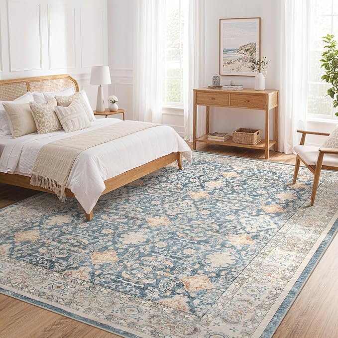 Vintage Living Room Area Rug 10x14 - Large Soft Washable Oriental Traditional Distressed Farmhouse Rugs for Bedroom - Indoor Floor Accent Carpet for Home Office House Decor - Dark Blue